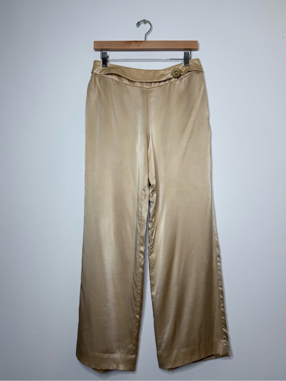 Vintage Sara Campbell 100% Silk Fabric Belt Waist Wide Leg Pants metallic gold 8